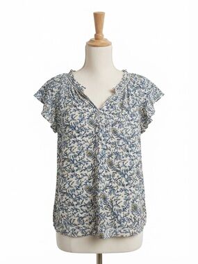 Max Studio Blue Floral Flutter-Sleeve V-Neck Top